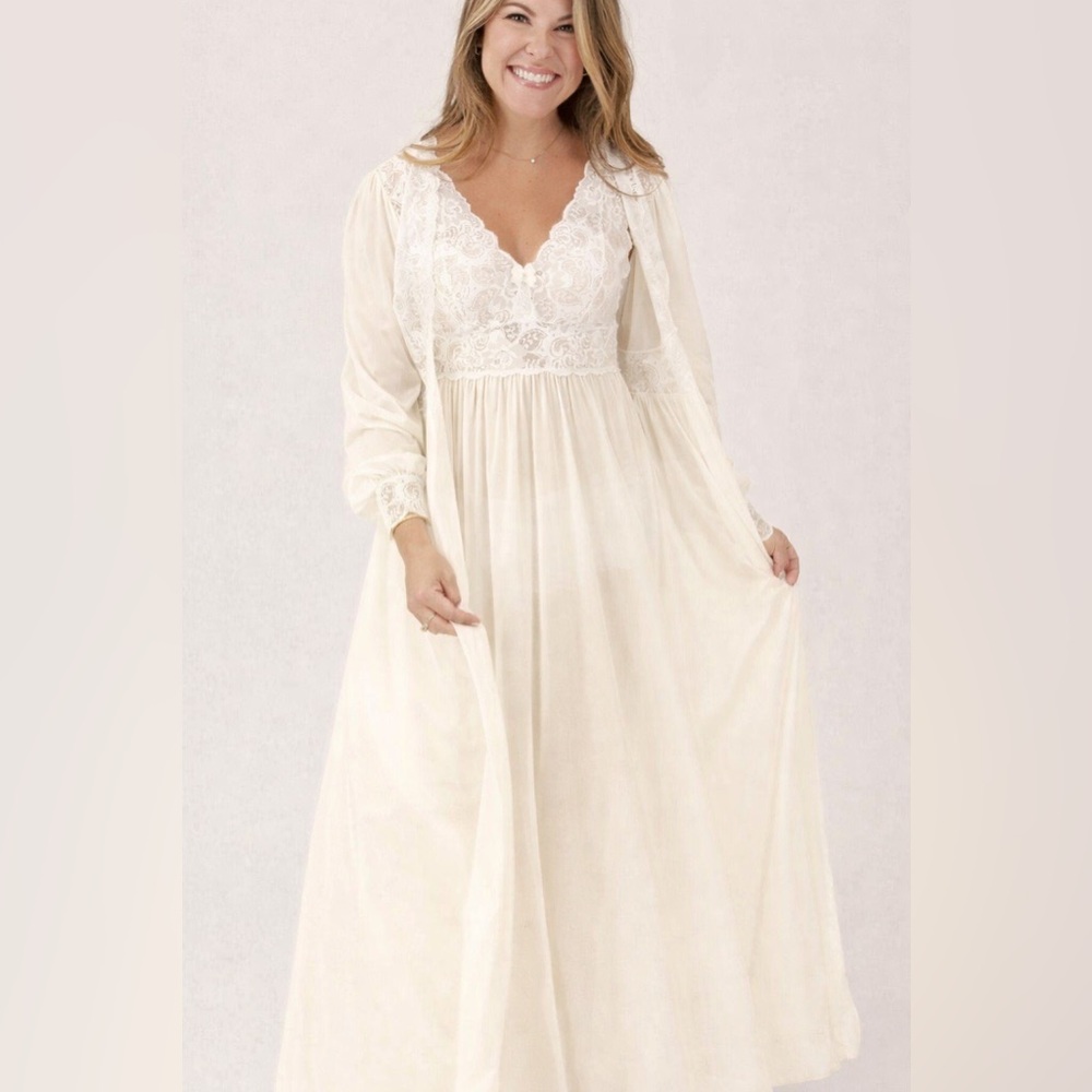 Shadowline® Lace Bodice Long Nightgown & Button Down Robe Peignoir Set